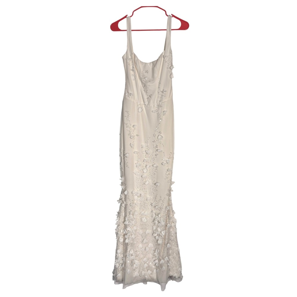 Oh Polly Maxi Dress Womens 0 Ivory Excellent 3D Floral Sequin Corset Lace Up